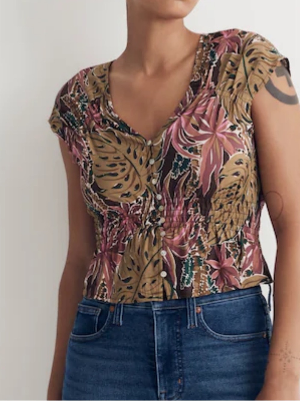 Madewell Brown Pink Green Floral Button-Front Blouse Size: L